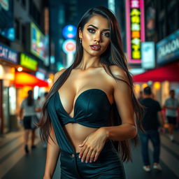 A beautiful Indonesian woman with large breasts, depicted as a confident and empowered figure, wearing stylish and alluring clothing