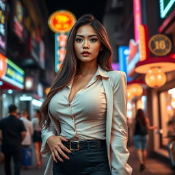 A beautiful Indonesian woman with large breasts, depicted as a confident and empowered figure, wearing stylish and alluring clothing