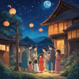 A 2D retro Studio Ghibli-style painting of a blessing ceremony in a vibrant village under a starry sky.