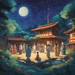 A 2D retro Studio Ghibli-style painting of a blessing ceremony in a vibrant village under a starry sky.