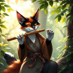 A calico tabaxi, a feline humanoid with vibrant, multicolored fur in shades of orange, black, and white, is elegantly playing a flute