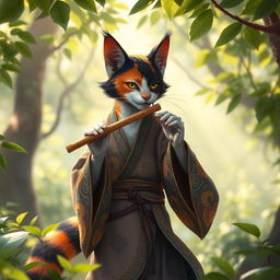 A calico tabaxi, a feline humanoid with vibrant, multicolored fur in shades of orange, black, and white, is elegantly playing a flute