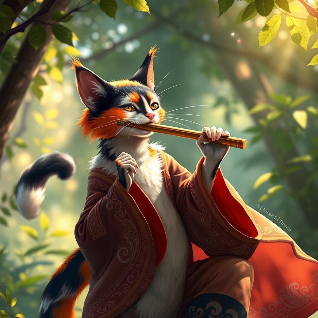 A calico tabaxi, a feline humanoid with vibrant, multicolored fur in shades of orange, black, and white, is elegantly playing a flute
