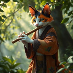 A calico tabaxi, a feline humanoid with vibrant, multicolored fur in shades of orange, black, and white, is elegantly playing a flute