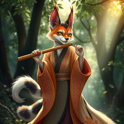 A female calico tabaxi, a feline humanoid with striking, multicolored fur in shades of orange, black, and white, is gracefully playing a flute