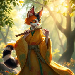 A female calico tabaxi, a feline humanoid with striking, multicolored fur in shades of orange, black, and white, is gracefully playing a flute