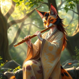 A female calico tabaxi, a feline humanoid with striking, multicolored fur in shades of orange, black, and white, is gracefully playing a flute
