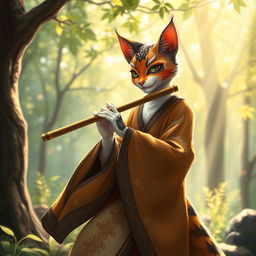 A female calico tabaxi, a feline humanoid with striking, multicolored fur in shades of orange, black, and white, is gracefully playing a flute