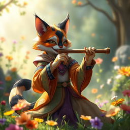 A female calico tabaxi bard, a feline humanoid with vibrant, multicolored fur in shades of orange, black, and white, is passionately playing a flute