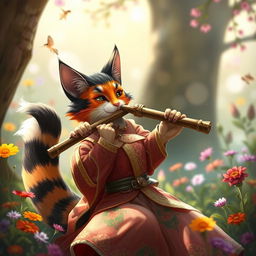 A female calico tabaxi bard, a feline humanoid with vibrant, multicolored fur in shades of orange, black, and white, is passionately playing a flute