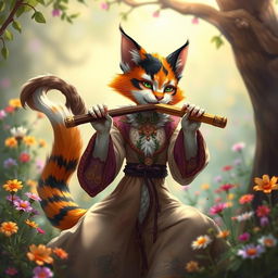 A female calico tabaxi bard, a feline humanoid with vibrant, multicolored fur in shades of orange, black, and white, is passionately playing a flute