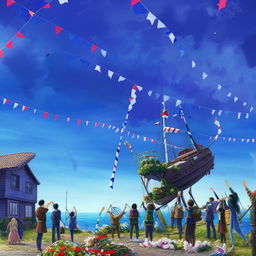 Continuing the Makoto Shinkai-themed illustration from the poem, depicting a scene where people are honoring the fallen captain. They are raising flags, playing bugles, laying bouquets and ribboned wreaths, with eager faces turned towards the sea.