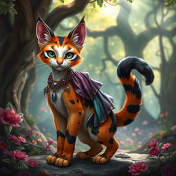 A vibrant and whimsical calico tabaxi, featuring a unique blend of orange, black, and white fur patterns