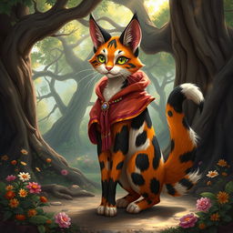 A vibrant and whimsical calico tabaxi, featuring a unique blend of orange, black, and white fur patterns