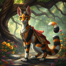 A vibrant and whimsical calico tabaxi, featuring a unique blend of orange, black, and white fur patterns
