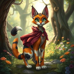 A vibrant and whimsical calico tabaxi, featuring a unique blend of orange, black, and white fur patterns