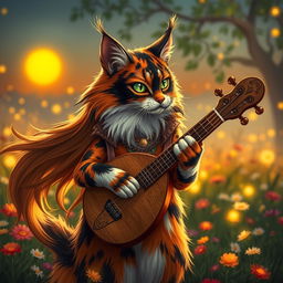 A long-haired calico tabaxi, featuring a stunning mix of orange, black, and white fur in intricate patterns