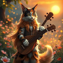 A long-haired calico tabaxi, featuring a stunning mix of orange, black, and white fur in intricate patterns