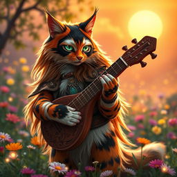 A long-haired calico tabaxi, featuring a stunning mix of orange, black, and white fur in intricate patterns