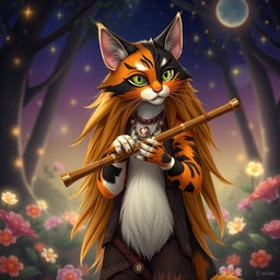 A long-haired calico tabaxi, showcasing a beautiful mixture of orange, black, and white fur in intricate patterns
