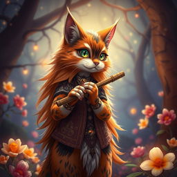 A long-haired calico tabaxi, showcasing a beautiful mixture of orange, black, and white fur in intricate patterns