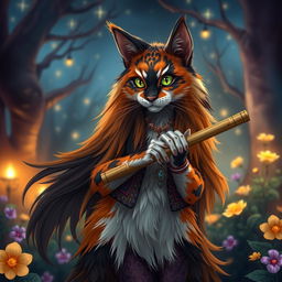 A long-haired calico tabaxi, showcasing a beautiful mixture of orange, black, and white fur in intricate patterns