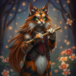 A long-haired calico tabaxi, showcasing a beautiful mixture of orange, black, and white fur in intricate patterns