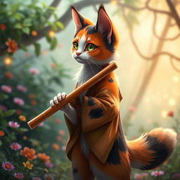 A medium-haired calico tabaxi, showcasing a captivating blend of orange, black, and white fur in charming patterns