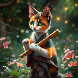 A medium-haired calico tabaxi, showcasing a captivating blend of orange, black, and white fur in charming patterns
