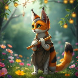 A medium-haired calico tabaxi, showcasing a captivating blend of orange, black, and white fur in charming patterns
