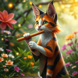 A medium-haired calico tabaxi, showcasing a captivating blend of orange, black, and white fur in charming patterns