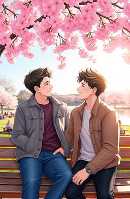 A warm and romantic scene depicting two handsome young men sharing a tender moment on a park bench under a cherry blossom tree in full bloom