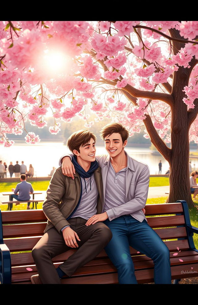 A warm and romantic scene depicting two handsome young men sharing a tender moment on a park bench under a cherry blossom tree in full bloom