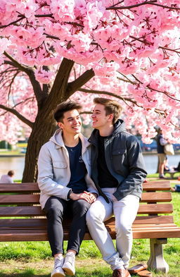 A warm and romantic scene depicting two handsome young men sharing a tender moment on a park bench under a cherry blossom tree in full bloom