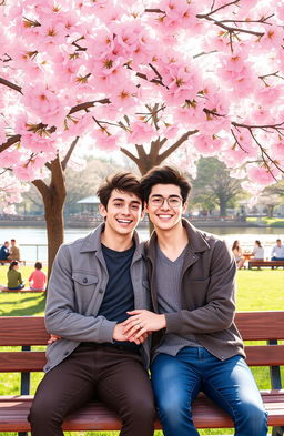A warm and romantic scene depicting two handsome young men sharing a tender moment on a park bench under a cherry blossom tree in full bloom