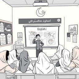 A vibrant black and white cartoon scene depicting a Muslim student teacher energetically teaching English to Muslim teenagers in an Islamic boarding school