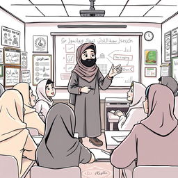 A vibrant black and white cartoon scene depicting a Muslim student teacher energetically teaching English to Muslim teenagers in an Islamic boarding school