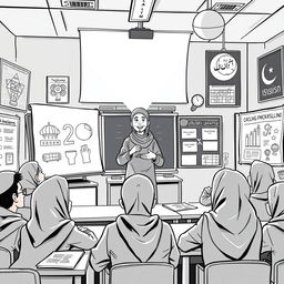 A vibrant black and white cartoon scene depicting a Muslim student teacher energetically teaching English to Muslim teenagers in an Islamic boarding school