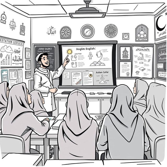 A vibrant black and white cartoon scene depicting a Muslim student teacher energetically teaching English to Muslim teenagers in an Islamic boarding school