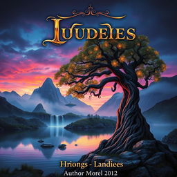 A captivating book cover design featuring a mystical landscape with a twilight sky