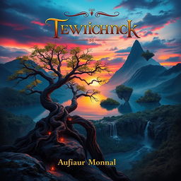 A captivating book cover design featuring a mystical landscape with a twilight sky