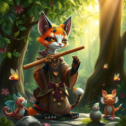 A calico tabaxi, a feline humanoid with striking fur patterns in orange, black, and white, is skillfully playing a pan flute