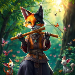 A calico tabaxi, a feline humanoid with striking fur patterns in orange, black, and white, is skillfully playing a pan flute