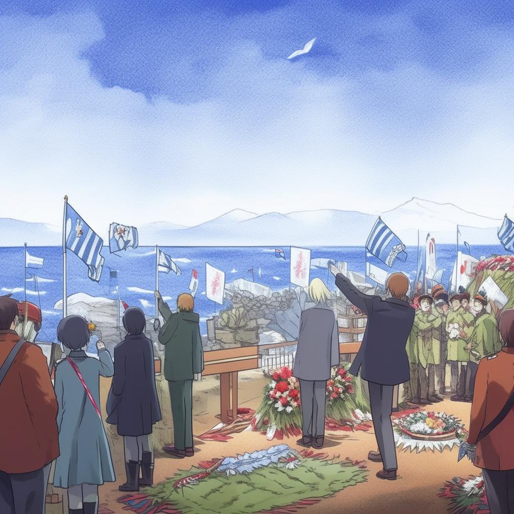 Continuing the Makoto Shinkai-themed illustration from the poem, depicting a scene where people are honoring the fallen captain. They are raising flags, playing bugles, laying bouquets and ribboned wreaths, with eager faces turned towards the sea.