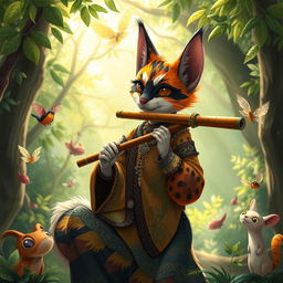 A calico tabaxi, a feline humanoid with striking fur patterns in orange, black, and white, is skillfully playing a pan flute