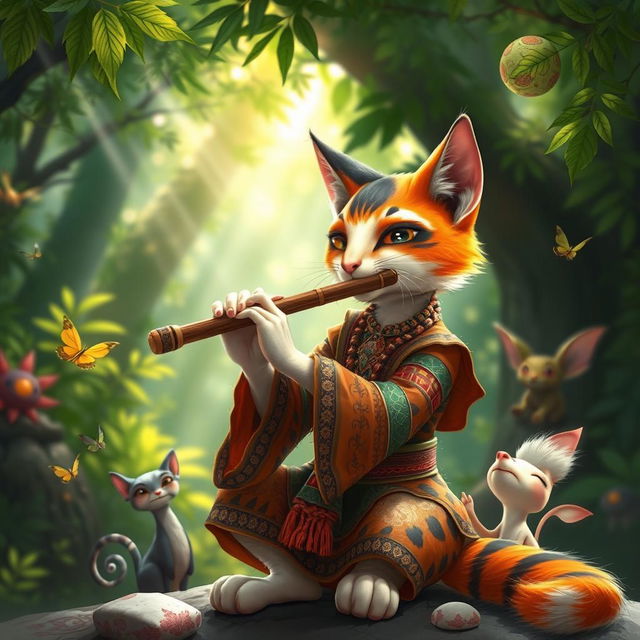 A calico tabaxi, a feline humanoid with striking fur patterns in orange, black, and white, is skillfully playing a pan flute