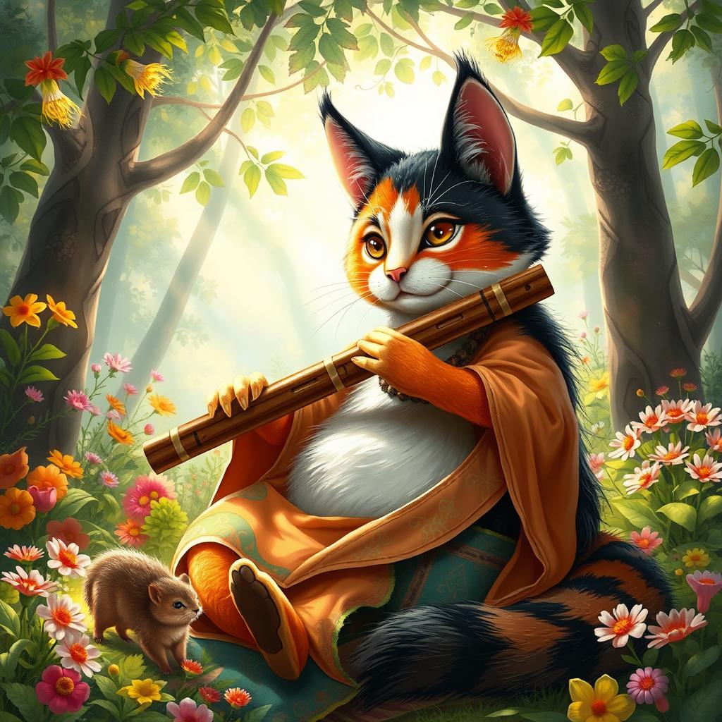 A chubby calico tabaxi playing a pan flute, sitting comfortably in a lush forest surrounded by vibrant flowers and dappled sunlight streaming through the trees