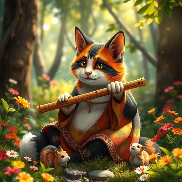 A chubby calico tabaxi playing a pan flute, sitting comfortably in a lush forest surrounded by vibrant flowers and dappled sunlight streaming through the trees