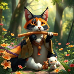 A chubby calico tabaxi playing a pan flute, sitting comfortably in a lush forest surrounded by vibrant flowers and dappled sunlight streaming through the trees