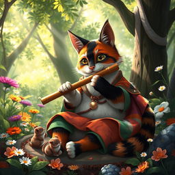 A chubby calico tabaxi playing a pan flute, sitting comfortably in a lush forest surrounded by vibrant flowers and dappled sunlight streaming through the trees